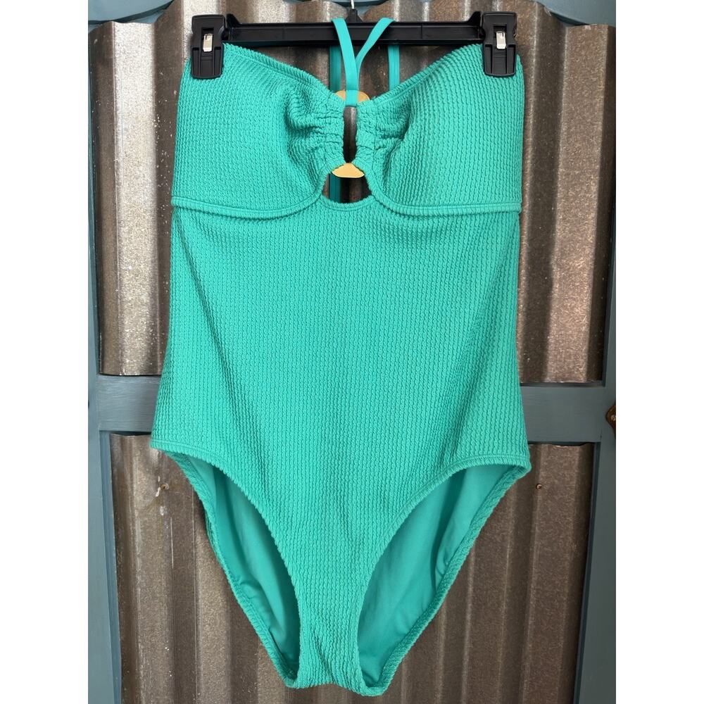 Bleu Rod Beattie Textured Pucker Up Green Bandeau Halter One Piece Swimsuit 14